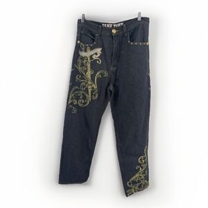 Game Time Men's Jeans Size 34 Y2K Embroidered Graphic Denim Distressed Patched